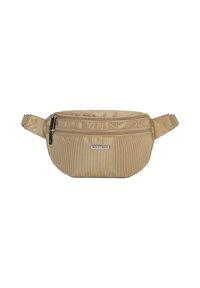 Borsa a cintura in tessuto beige con due scomparti con zip, patch con logo, tracolla regolabile e superficie texture. Design compatto e pratico.