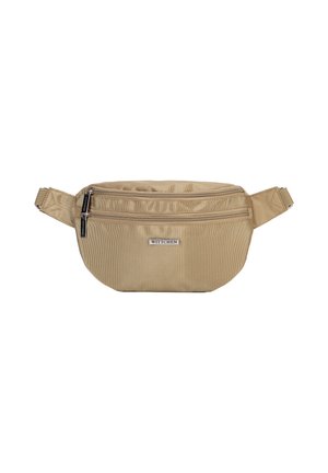 Borsa a cintura in tessuto beige con due scomparti con zip, patch con logo, tracolla regolabile e superficie texture. Design compatto e pratico.