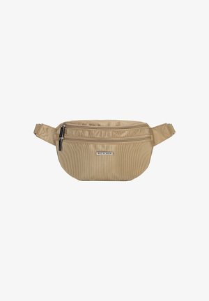 Borsa a cintura in tessuto beige con due scomparti con zip, patch con logo, tracolla regolabile e superficie texture. Design compatto e pratico.