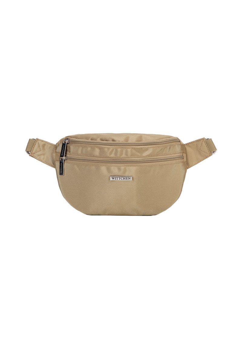 Borsa a cintura in tessuto beige con due scomparti con zip, patch con logo, tracolla regolabile e superficie texture. Design compatto e pratico.