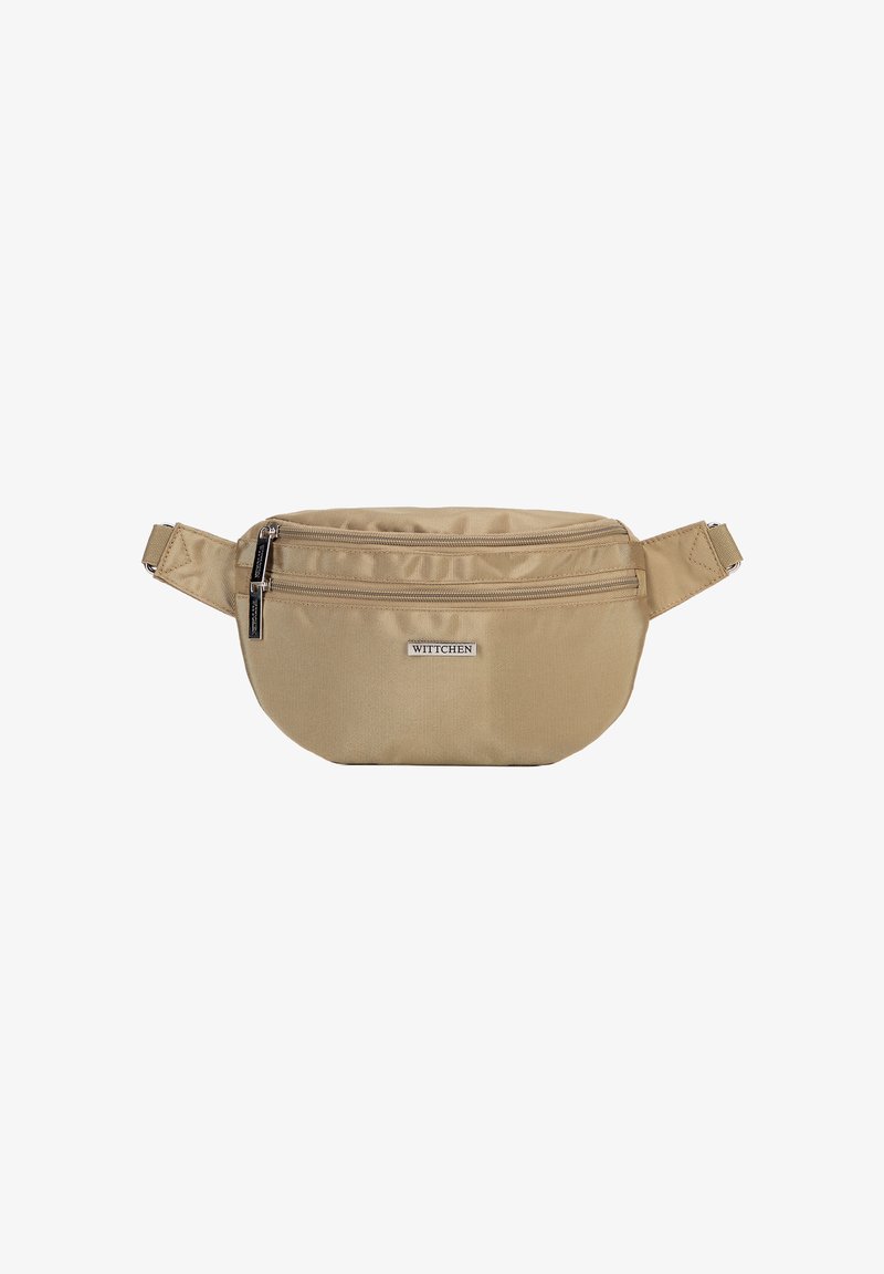 Borsa a cintura in tessuto beige con due scomparti con zip, patch con logo, tracolla regolabile e superficie texture. Design compatto e pratico.