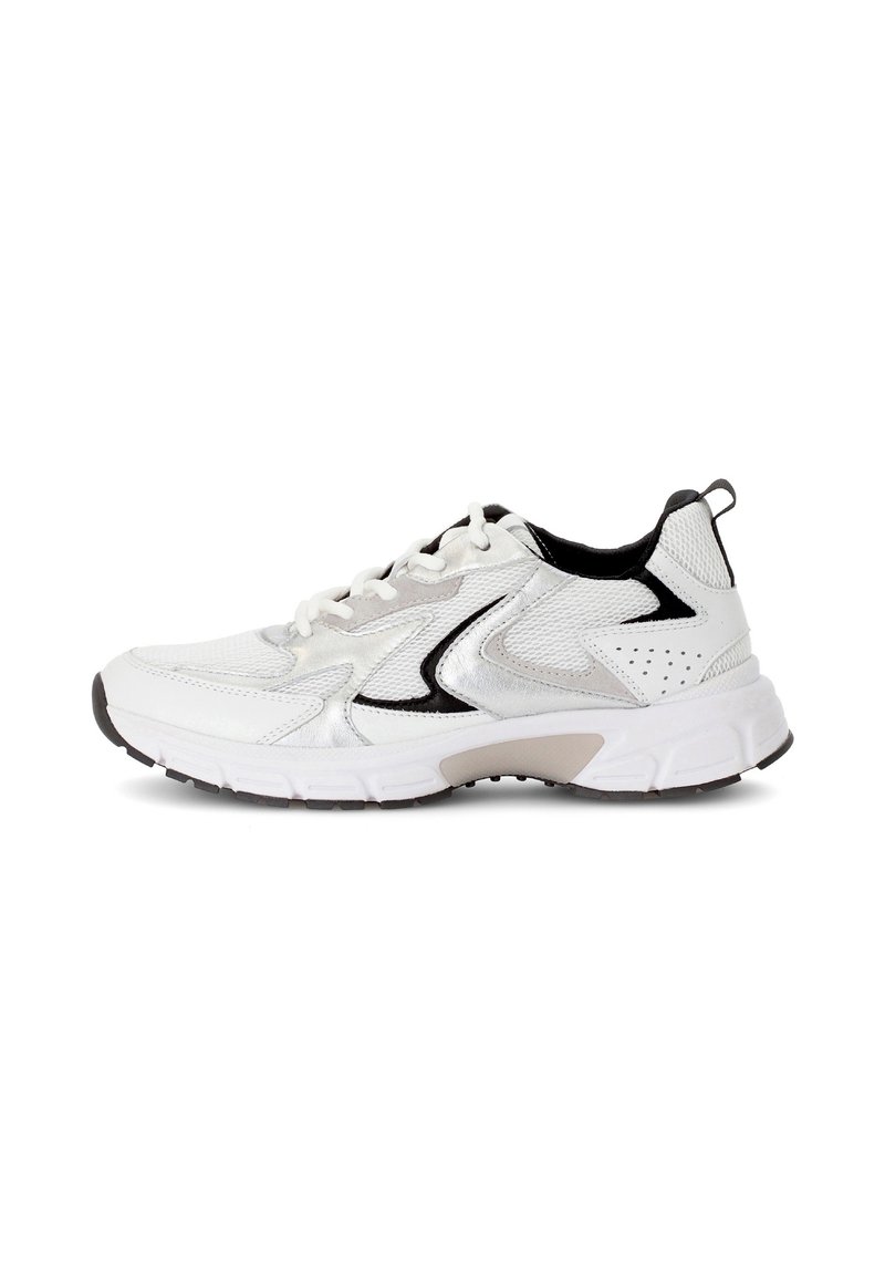 White sports shoe made of mesh and synthetic material, featuring a padded collar, black accents, and a rubber sole with a textured tread.