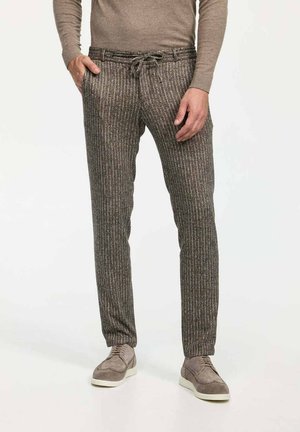 Gray patterned trousers with a drawstring waist, featuring vertical stripes in light and dark tones. Made of soft, textured fabric.