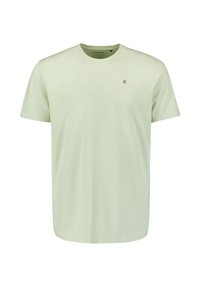 Lichtgroene katoenen T-shirt met een ronde hals, korte mouwen en een klein logodetail op de borst. Soepele textuur en normale pasvorm.