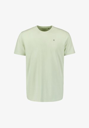 Lichtgroene katoenen T-shirt met een ronde hals, korte mouwen en een klein logodetail op de borst. Soepele textuur en normale pasvorm.