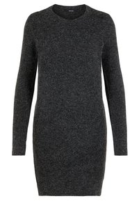 Robe en maille gris foncé à manches longues, col rond et silhouette ajustée, fabriquée en tissu doux et texturé. Aucun motif visible.