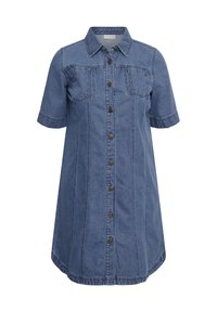 Robe courte en denim bleu à manches courtes, boutonnée sur le devant, avec un col chemise, deux poches poitrine et des détails de coutures verticales.