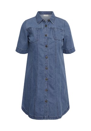 Rochie scurtă din denim albastru cu mâneci scurte, nasturi în față, guler, două buzunare la piept și cusături verticale detaliate.