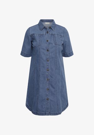 Rochie scurtă din denim albastru cu mâneci scurte, nasturi în față, guler, două buzunare la piept și cusături verticale detaliate.