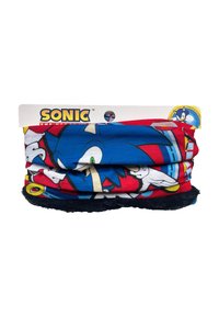 Czerwona i niebieska opaska na głowę z motywem Sonic the Hedgehog, z kartonowymi grafikami. Miękka tekstura z czarną stroną wewnętrzną i elastycznym rozciąganiem.