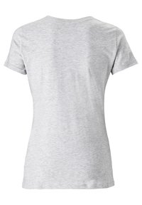 Camiseta ajustada de mujer de manga corta en gris claro vista desde la parte de atrás sobre un fondo blanco liso.