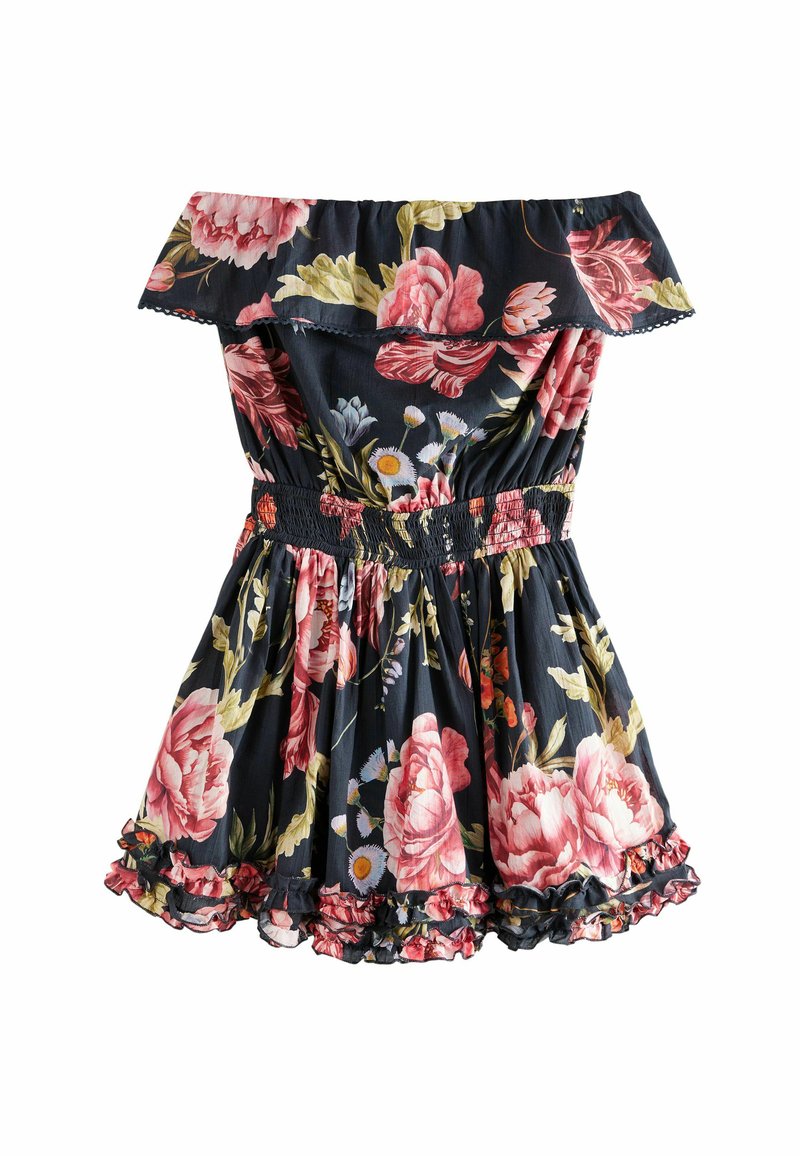 Off-shoulder blommig klänning med ett smockat midja, i marinblått med rosa och gula blommor, med volangkanter på ärmar och nederkant.