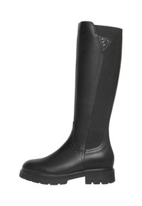 Bottes noires arrivant au genou avec un avant en cuir lisse et un dos en tissu texturé. Semelle robuste avec un épais motif et un détail en métal près du haut.