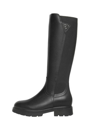Bottes noires arrivant au genou avec un avant en cuir lisse et un dos en tissu texturé. Semelle robuste avec un épais motif et un détail en métal près du haut.