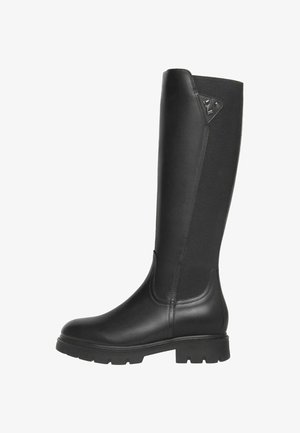 Bottes noires arrivant au genou avec un avant en cuir lisse et un dos en tissu texturé. Semelle robuste avec un épais motif et un détail en métal près du haut.