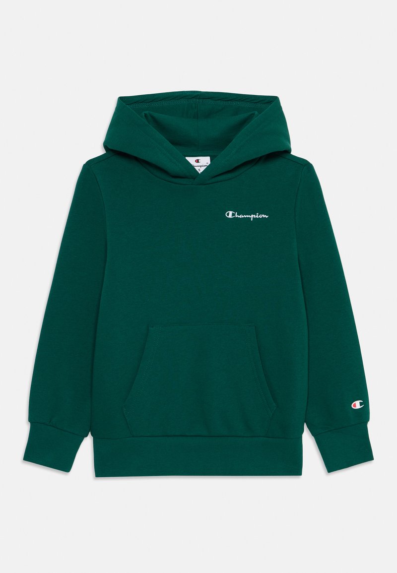 Grøn bomulds hoodie med lomme foran, justerbar hætte og broderet logo. Har ribbede manchetter og kant for en sikker pasform.
