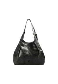 Bolso tipo hobo negro y brillante, hecho de material texturizado con un acabado agrietado. Cuenta con doble asa para el hombro y una silueta redondeada.