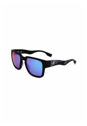 Occhiali da sole con montatura nera, lenti specchiate viola-blu e aste viola chiazzate, con piccolo logo sulla stanghetta.