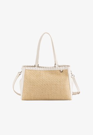 Braune geflochtene Strohtasche mit weißen Akzenten aus synthetischem Leder, doppelten Griffen und abnehmbarem Schultergurt. Mit geflochtenen Details am oberen Rand.