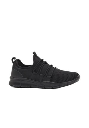 Scarpe da ginnastica nere con un upper in mesh testurizzato, lacci elastici e una suola ammortizzata. Presentano un linguetta sul tallone per un facile indossamento e svestimento.