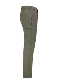 Green cotton trousers with a slim fit, featuring side pockets and a flat front pocket, designed with a smooth texture and simple lines.