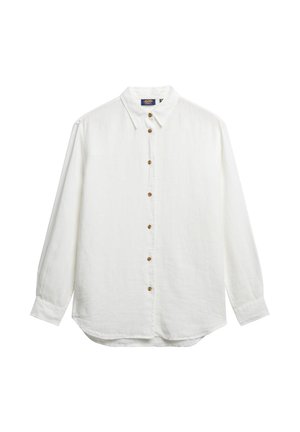 Camicia bianca a maniche lunghe realizzata in tessuto testurizzato, con colletto classico, sette bottoni marroni sul davanti e orlo curvo.