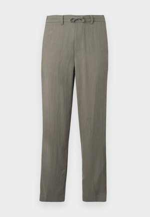 Pantaloni grigi chiari da uomo in misto lino con vita regolabile, gambe dritte e una texture sottile; presentano tasche standard e nessun motivo evidente.