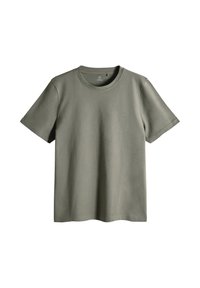 Olijfgroene t-shirt met korte mouwen, gemaakt van zacht katoen, met een ronde halslijn en een losse pasvorm. Geen zichtbare patronen of afbeeldingen.