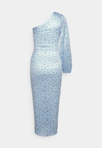 Blå blommig klänning i mjukt tyg, med en lång ärm och en figurnära silhuett. Små flerfärgade blommönster över hela.