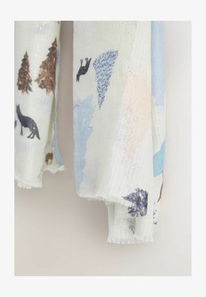 Lightweight, textured scarf in pastel colors featuring animal and tree patterns, with subtle glitter accents and fringed edges.