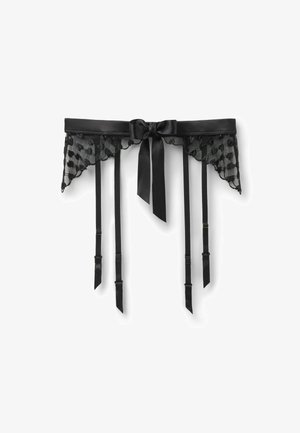 Schwarzer Spitzen-Strumpfhalter mit sechs verstellbaren Trägern und einer Satin-Schleife in der Mitte.