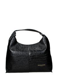 Borsa a tracolla in pelle nera con motivo coccodrillo, dotata di manico curvo e dettaglio del logo in oro. Texture liscia, ampia e dal design arrotondato.
