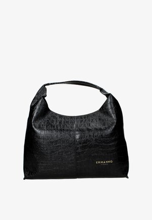 Sac à main en cuir noir à motif crocodile avec une poignée incurvée et un détail logo doré. Texture lisse, spacieux avec un design arrondi.