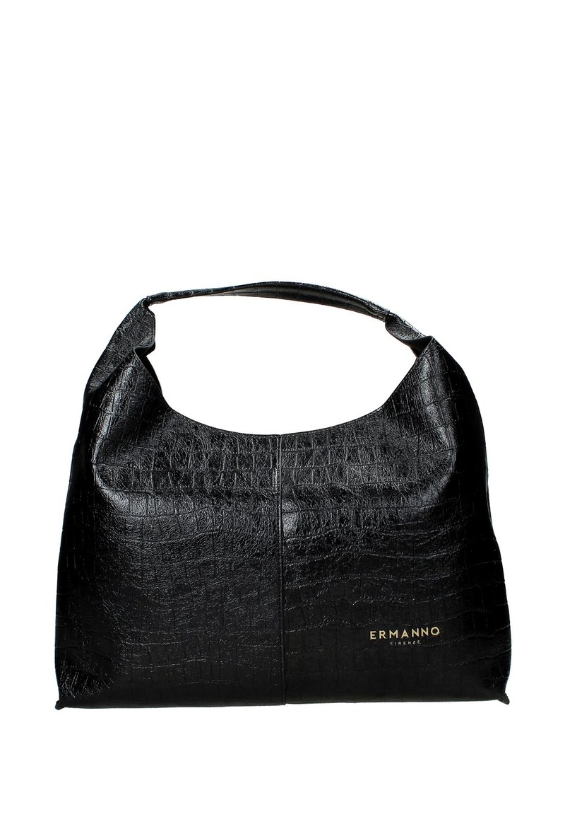 Borsa a tracolla in pelle nera con motivo coccodrillo, dotata di manico curvo e dettaglio del logo in oro. Texture liscia, ampia e dal design arrotondato.
