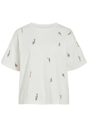 T-shirt blanc à manches courtes avec broderies florales roses et jaunes dispersées, col rond et coupe décontractée.