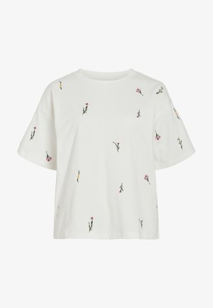 T-shirt blanc à manches courtes avec broderies florales roses et jaunes dispersées, col rond et coupe décontractée.
