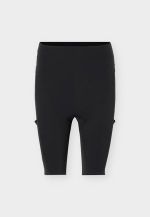 Pantaloncini da ciclismo neri fino al ginocchio con area imbottita sulla seduta, progettati per una vestibilità aderente e prestazioni aerodinamiche.