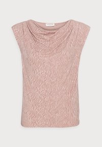 Lys pink top med draperet cowl-halsudskæring, der har et subtilt zebra-mønster. Fremstillet af blødt stof, med korte ærmer og en afslappet pasform.