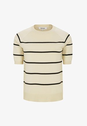 Kremowy sweter z krótkim rękawem w czarne poziome paski, okrągły dekolt i ribbowe wykończenie. Wykonany z gładkiego materiału dzianinowego.