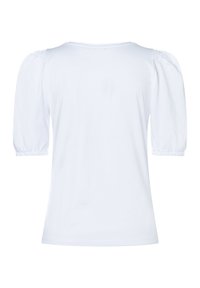 Weißes Oberteil mit Puffärmeln, aus weichem Baumwollmaterial, mit elastischen Manschetten und rundem Halsausschnitt, das eine glatte Textur und ein minimalistisches Design aufweist.