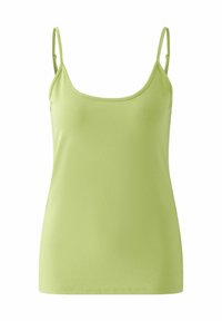 Hellgrünes, ärmelloses Top mit dünnen Trägern. Verfügt über einen runden Ausschnitt und ein glattes, dehnbares Material. Einfaches, angepasstes Design.