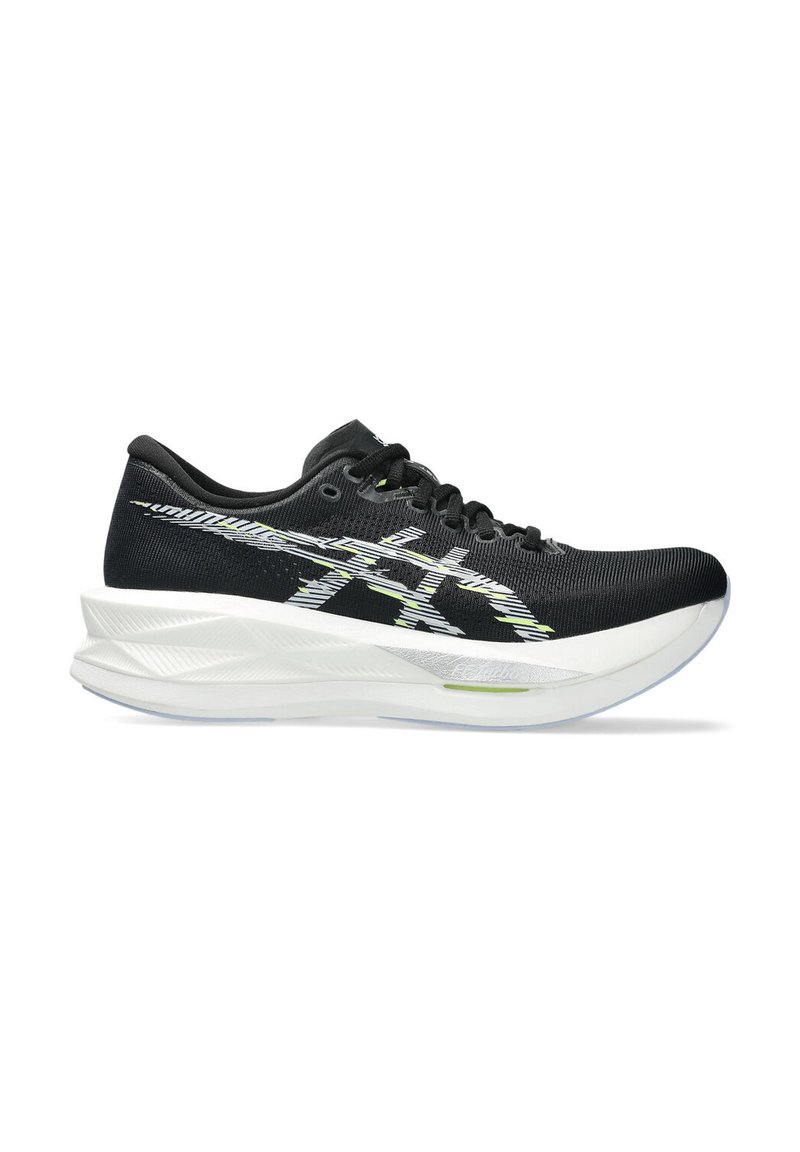 Black running shoe with a textured mesh upper, white and green accents, sleek design, and a cushioned sole for comfort and support.