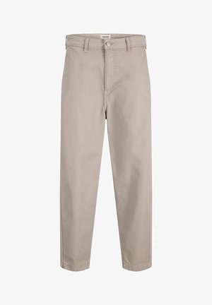 Beežid kõrge taljega sirge säärega püksid vöölõngadega, nööpidega kinnitus ja ees taskud, valmistatud sileda puuvillase kangast.