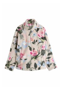 Fleece trui in crème met een bloemenpatroon in roze, blauw, groen en zwart. Hoge kraag met een halve rits en lange mouwen.