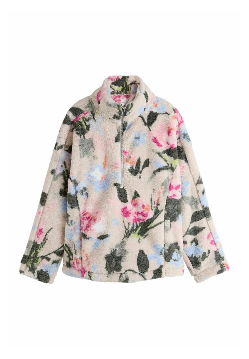 Fleece trui in crème met een bloemenpatroon in roze, blauw, groen en zwart. Hoge kraag met een halve rits en lange mouwen.