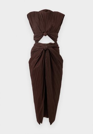 Brown pleated dress featuring a cutout section at the waist, with a knotted design at the shoulders and lower waist, structured silhouette.