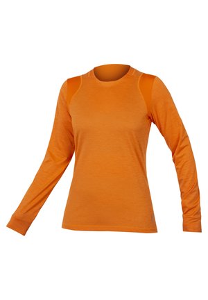 Long-sleeve athletic shirt in orange, featuring a smooth texture, rounded neckline, and mesh panel accents on shoulders.