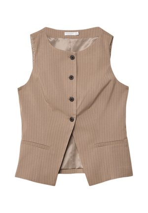 Beige ärmellose Weste mit dezenten Streifen, einreihiger Schnitt, fünf Knöpfen und zwei aufgesetzten Taschen. Glattes Innenfutter.