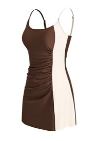 Bruine en crèmekleurige jurk met twee tinten, voorzien van ruching aan de bruine kant, met verstelbare bandjes en een getailleerd silhouet. Glad stoftextuur.