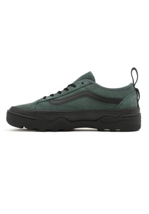 Green suede sneaker with a black rubber sole and accents, featuring a distinct side stripe and pull tab at the heel. Low-top design.